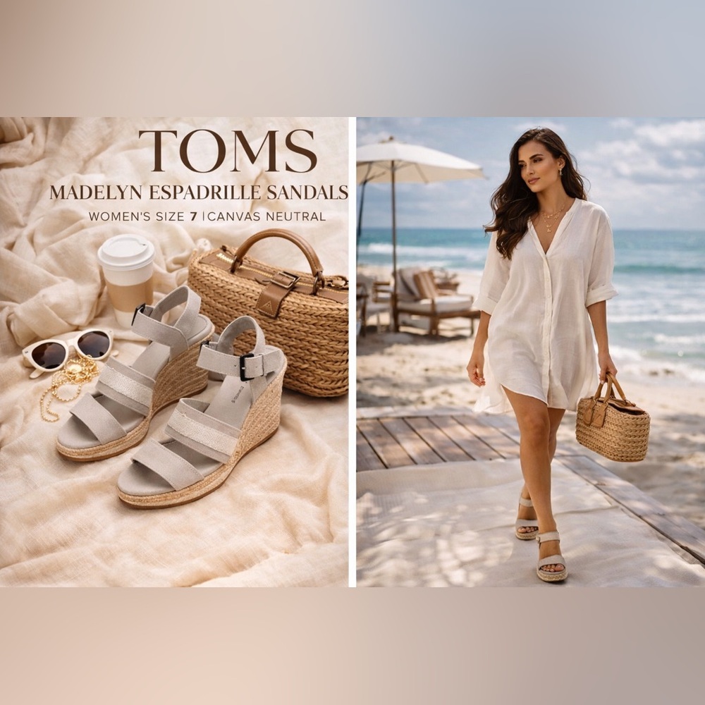 TOMS Madelyn Espadrille Wedge Sandals Women’s Size 7 Canvas Neutral